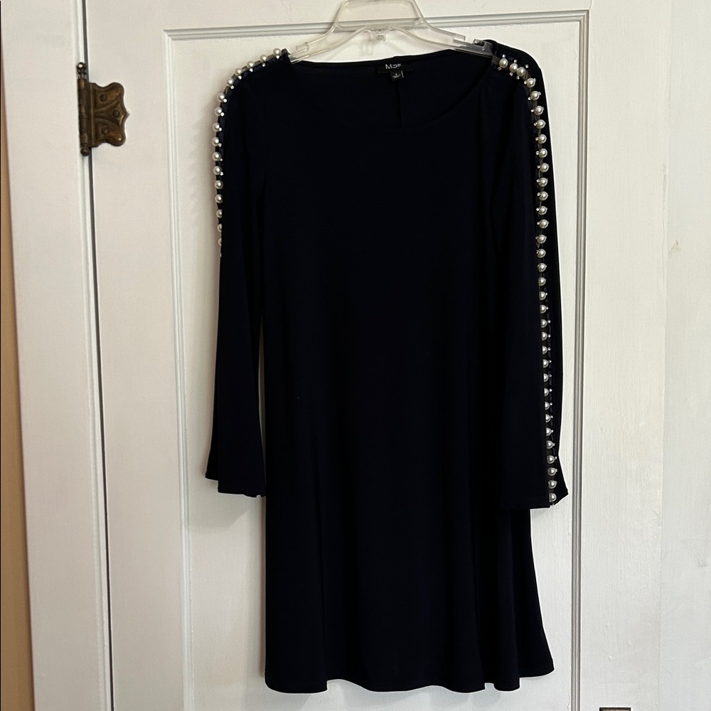 MSK Navy Blue Dress with Pearl Sleeve Embellishments